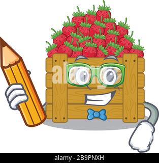 Ein eleganter Erdbeerobstkastenfigur mit Bleistift und Brille Stock Vektor