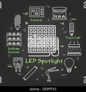 Vector Black Konzept von Hydroponic und Growth LED Light - große eckige Scheinwerferleuchte Stock Vektor