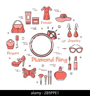 Woman Accessoires Konzept mit Red Diamond Ring Icon Stock Vektor