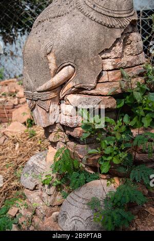 Die Ruinen einer alten Elefantenschnitzerei, Schwe Indein Pagoda Complex, Inle Lake, Myanmar Stockfoto