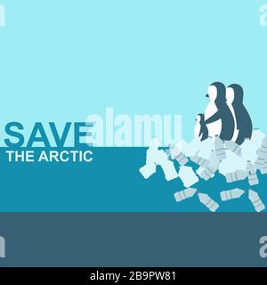 Rettet die Arktis. Kreative Illustration mit Pinguinen, die auf Plastikflaschen im Ozean stehen Stockfoto