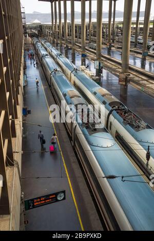 AVE-Bahnsteig für Hochgeschwindigkeitszüge. Bahnhof Puerta de Atocha, Madrid, Spanien. Stockfoto