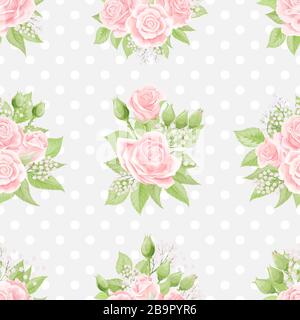 Nahtloses Muster mit rosa Rosen und Blumenästen auf Polka-Punkt-Hintergrund Stock Vektor