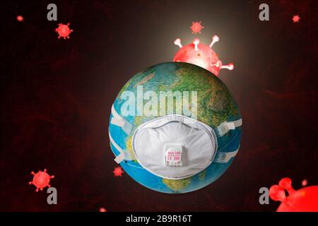 Erdkugel mit chirurgischer Gesichtsmaske und Atemschutzmaske zum Schutz. Konzept des weltweiten Kampfes gegen die COVID-19-Coronavirus-Pandemie. Stockfoto