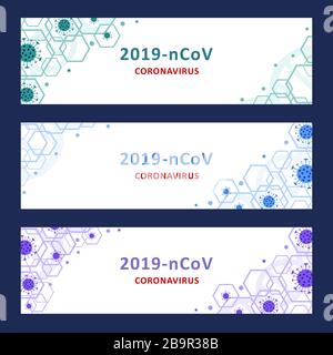 Roman Coronavirus 2019-nCoV. Wuhan-Viruserkrankung, Virusinfektion. Satz Webbanner mit Cells Corona Virus. Linearer Umriss. Vektor Stock Vektor
