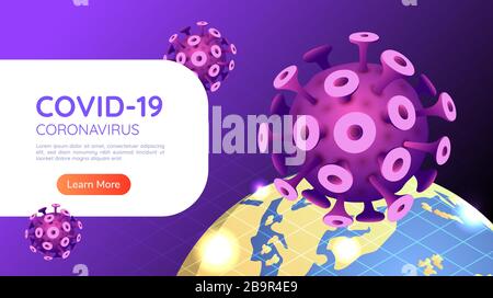 3D isometrischer Webbanner Kovid-19-Virus- oder Coronavirus-Ausbruch im Jahr 2020 mit Weltkugel. COVID-19-Konzept zur Viren-Pandemie. Stock Vektor