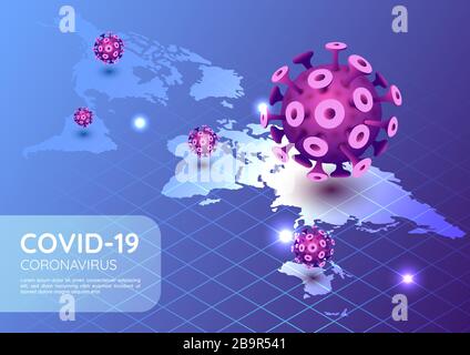 3D isometrischer Webbanner Kovid-19-Virus- oder Coronavirus-Ausbruch im Jahr 2020 mit Weltkarte. COVID-19-Konzept zur Viren-Pandemie. Stock Vektor