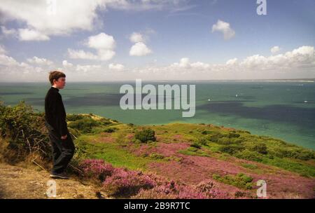 Der Junge blickt auf Headon Warren, Insel Wight, England, Großbritannien, ins Meer: heather in voller Blüte. Filmfoto. MODELL VERÖFFENTLICHT Stockfoto
