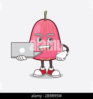 Ein Bild des mit einem Laptop arbeitenden Maskottchens von Java Apple Stockfoto