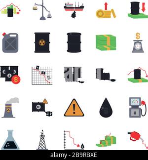 Finanzberichte und Symbol für das Konzept des Ölabsturzes über weißem Hintergrund, flacher Stil, Vektorgrafiken Stock Vektor