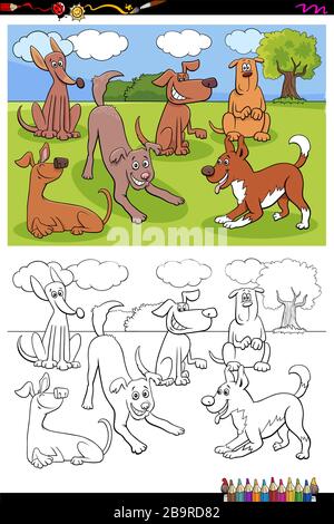 Cartoon Illustration von Lustigen Hunden und Welpen Tierfiguren Gruppe Malbuch Seite Stock Vektor