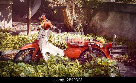 Athen, Griechenland - 11. Februar 2020. Oldtimer Honda Super Cub 55 vergessen im Hof irgendwo in Athen. Honda Unterknochen-Motorrad mit vier Sekunden Stockfoto