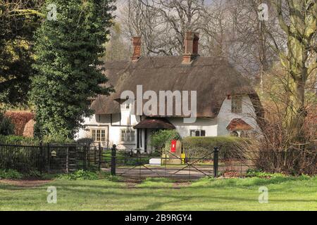 Traditionelles Reetch English Village Cottage mit rotem Postkasten im Freien Stockfoto