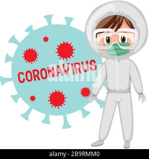 Coronavirus Poster Design mit Doktor in voller Darstellung des Schutzes Stock Vektor