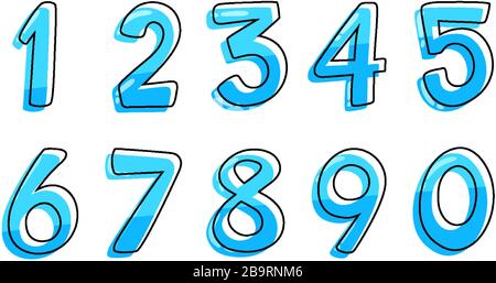 Schriftdesign für Zahlen von eins bis Null auf weißer Hintergrundabbildung Stock Vektor