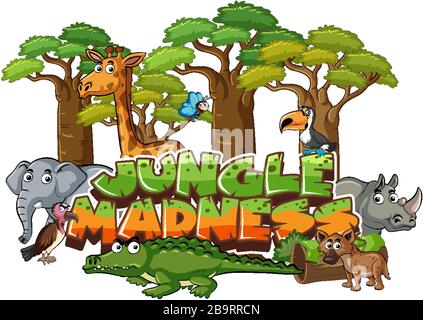 Schriftdesign für Wort-Dschungel-Abenteuer mit Tieren in Waldillustration Stock Vektor