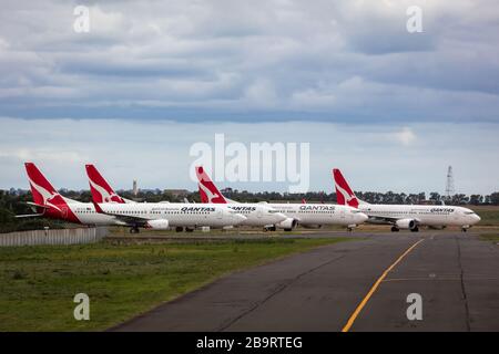 Qantas Flugzeug, das am Flughafen Avalon geparkt wurde, wurde während der Flugausfälle während des COVID-19-Ausbruchs (Coronavirus) geerdet, der die Luft lähmte Stockfoto
