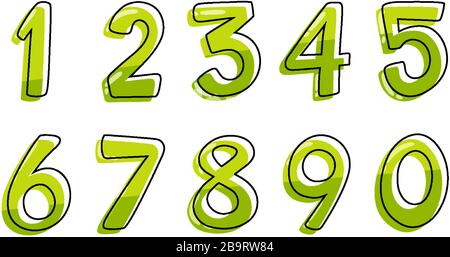 Schriftdesign für Zahlen von eins bis Null auf weißer Hintergrundabbildung Stock Vektor
