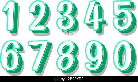 Schriftdesign für Zahlen von eins bis Null auf weißer Hintergrundabbildung Stock Vektor