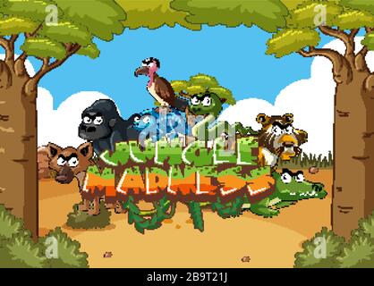 Waldszene mit Wort-Dschungel-Wahn mit wilden Tieren in Hintergrundillustration Stock Vektor
