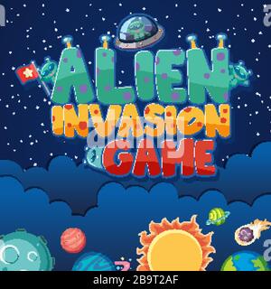 Posterdesign mit Alien und vielen Planeten in der Hintergrundillustration des Weltraums Stock Vektor