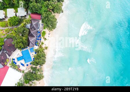 Seychelles Strand Mahé Mahe Insel Luxus Villa Urlaubsparadies Ozean Drohne Blick Luftfotografie Stockfoto