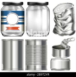 Set aus verschiedenen Behältern aus Glas und Aluminium Stock Vektor