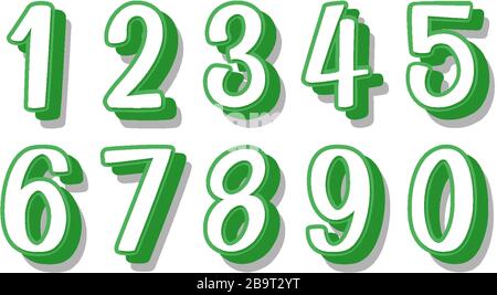 Schriftdesign für Zahlen von eins bis Null auf weißer Hintergrundabbildung Stock Vektor