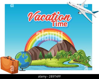 Schriftartvorlage für Word Vacation Time mit fliegender Abbildung Stock Vektor