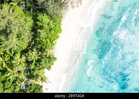 Seychelles Luftbild Takamaka Strand Mahe Insel Natur Urlaubsparadies Ozean Drohnenblick Fotografie Stockfoto