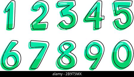 Schriftdesign für Zahlen von eins bis Null auf weißer Hintergrundabbildung Stock Vektor