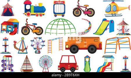 Großer Satz verschiedener Fahrgeschäfte und Transporte auf weißer Hintergrundillustration Stock Vektor