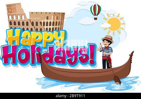 Schriftdesign Vorlage für Word Happy Holidays mit Man-Segeln-Illustration Stock Vektor