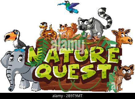 Schriftdesign für Wortnaturquest mit vielen wilden Tieren Illustration Stock Vektor