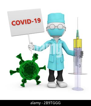 Der maskierte Arzt hält ein Schild mit den Worten COVID-19 neben dem Coronovirus. 3D-Rendering. Stockfoto