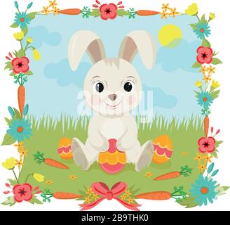Hase mit Osterei voller dekorierter Blumen und Karottenrahmen Stock Vektor