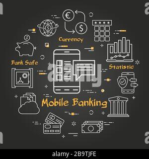 Vector Black Finance und Mobile Banking Line Konzept Stock Vektor