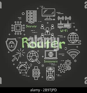 Vector Black Line rund um den Internet-Router Konzept Stock Vektor