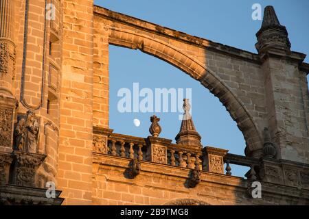 Maurerdetails eines gewölbten, fliegenden Strebebodens, einer Balustrade und Wasserspeiern an der Außenseite der Kathedrale in Jerez de la Frontera, Andalusien, Spanien. Stockfoto