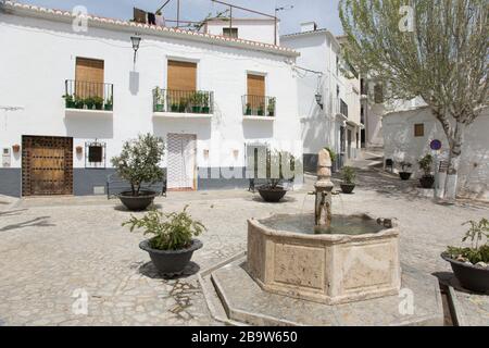 Häuser und ein Steinbrunnen auf der Plaza Santa Ana, Cañar, Granada, Andalusien, Spanien Stockfoto