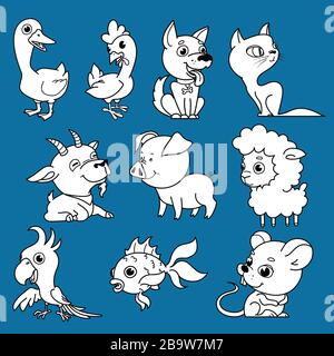 Haustiere und Nutztiere, niedliche und einfache Illustrationen für Kinder, Outline-Vektor-Set Stock Vektor