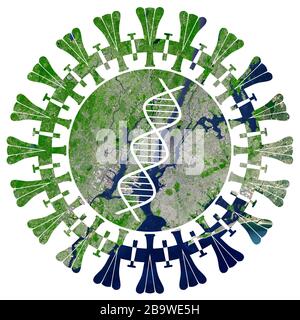 Corona-Virus über New York. Corona Grafik kombiniert mit einer Karte von New York isoliert auf weißem Hintergrund. Elemente dieses Bildes, die von der NASA bereitgestellt wurden Stockfoto