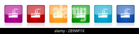 Factory Icon Set, Industriegebäude, Werk, Umweltverschmutzung farbenfrohe quadratische Hochglanzvektor-Illustrationen in 6 Optionen für Web-Design und mobile Anwendung Stock Vektor