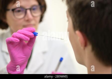 Arzt mit Nasopharyngealer Nase und Kehlstäbchen sammeln Stockfoto