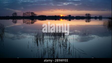 Wunderschöner Sonnenuntergang und bunte Wolken über einem ruhigen See mit Schilf Stockfoto