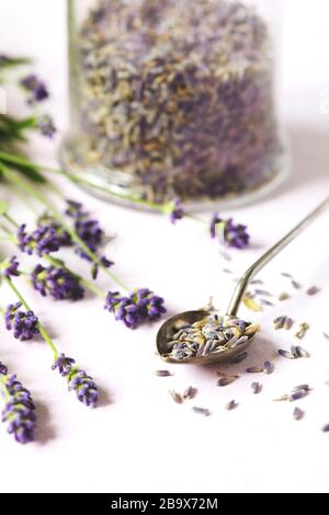 Glas Glas mit getrocknetem Lavendel und frischem Lavendel Blumen auf rosa Hintergrund Stockfoto