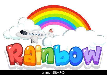 Schriftdesign für Wort-Regenbogen mit Regenbogen in der Himmelshintergrundillustration Stock Vektor