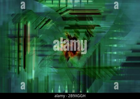Neon leuchtende Linien und Formen fliegen im Raum. Geometrische Sci-Fi-Struktur. Abstrakt kreativ modernen Hintergrund Stockfoto