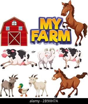 Schriftdesign für "Word my Farm" mit vielen Tieren Illustration Stock Vektor