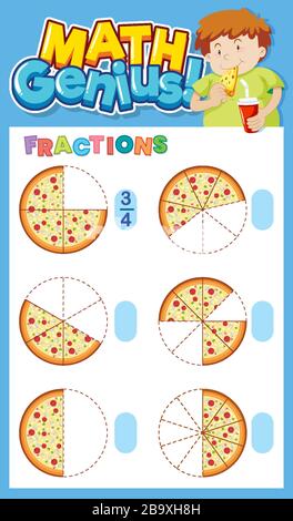 Mathe-Arbeitsblatt-Vorlagendesign für Fraktionen mit Pizzaabbildung Stock Vektor